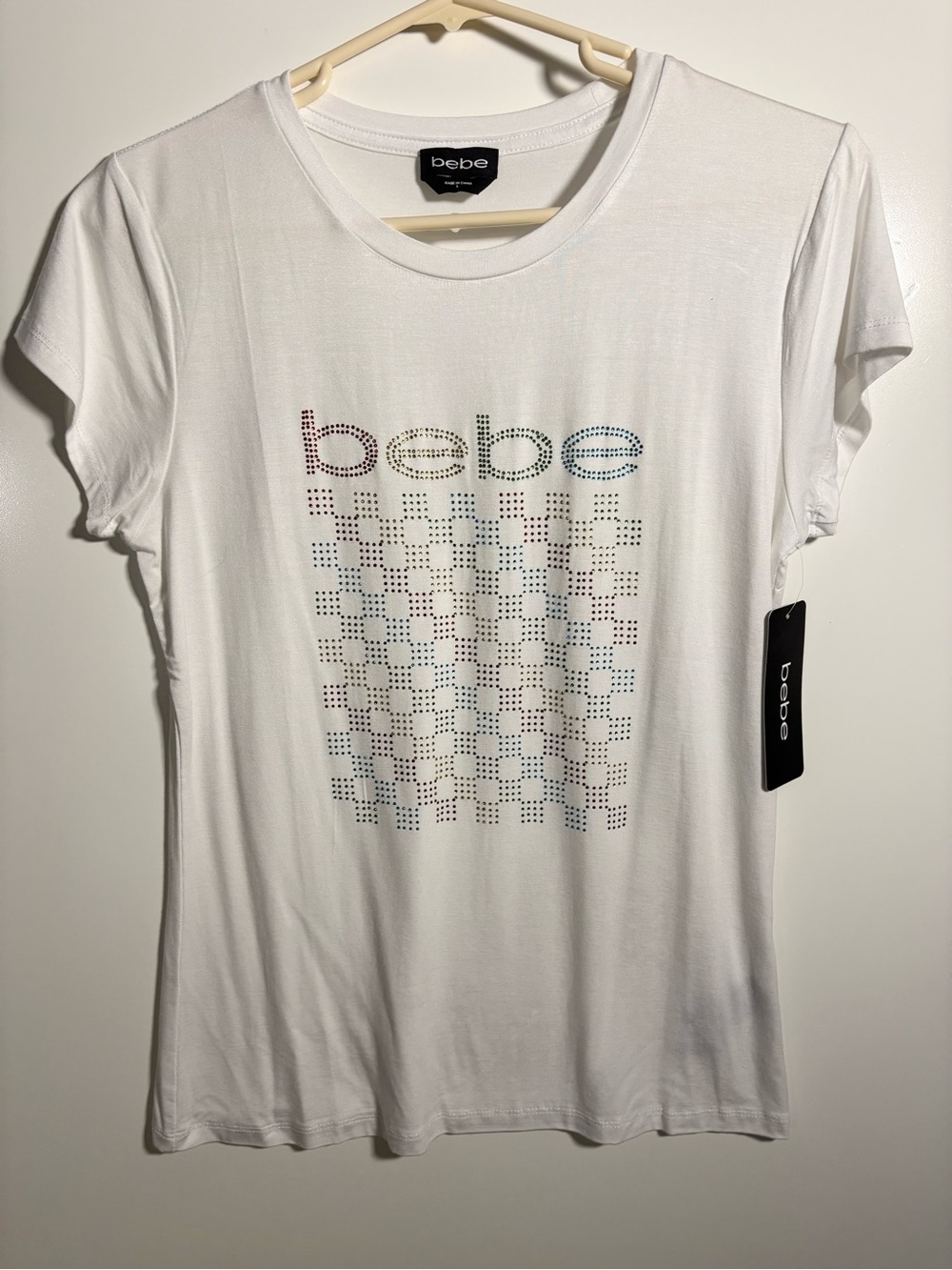 bebe NWT White Short-Sleeve Tee with Multicolor Stud Logo